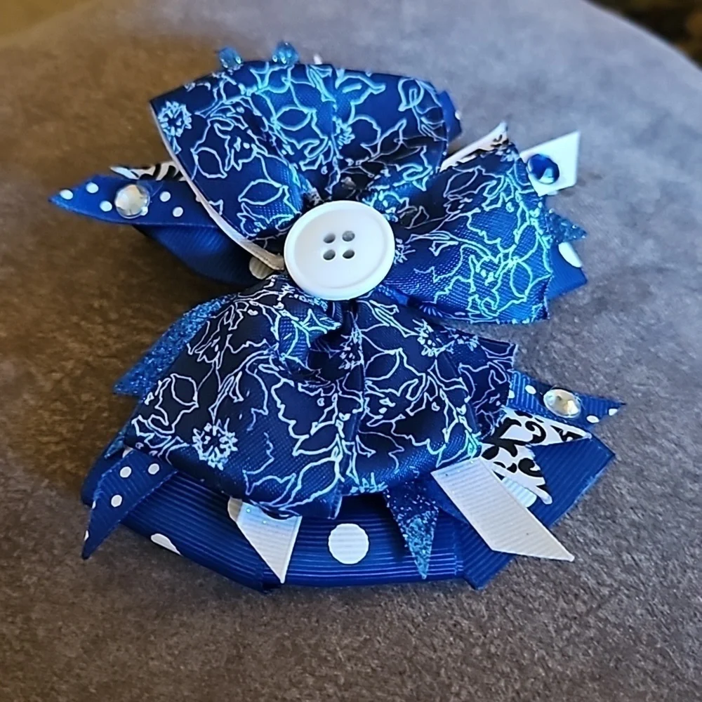 HANDMADE Blue Button Ribbon Coquette Hair Bow Clip